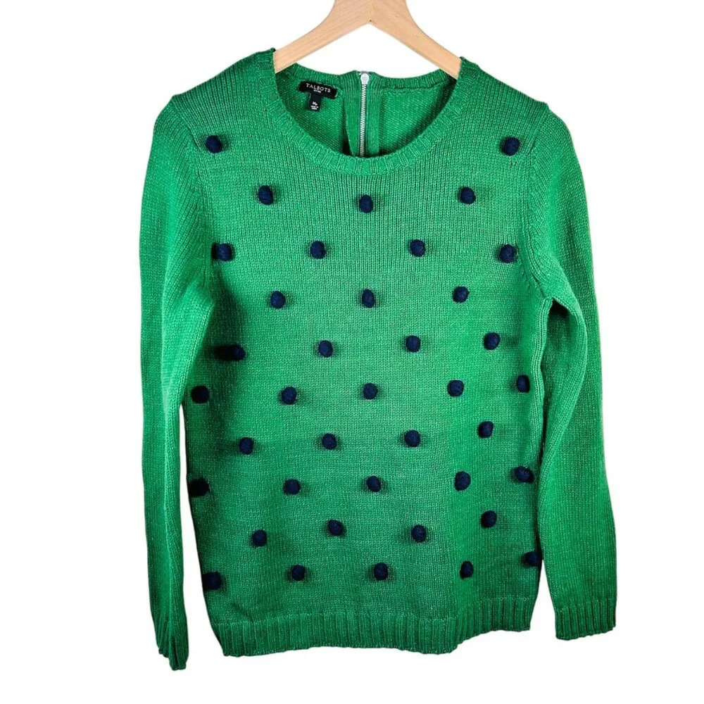 Talbots Green PomPom Sweater Size Medium Petite Colorful Holiday